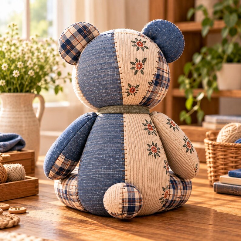 May include: A stuffed bear toy constructed from various fabric patches, including blue denim-like material, cream fabric with a small red and green floral pattern, and a blue and white plaid fabric. The bear features a round tail and ears.
