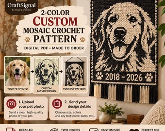 Padrão de crochê personalizado para mosaico de animais de estimação, retrato de animal de estimação em duas cores para pendurar na parede, PDF digital, gráfico de crochê personalizado para presente de homenagem.