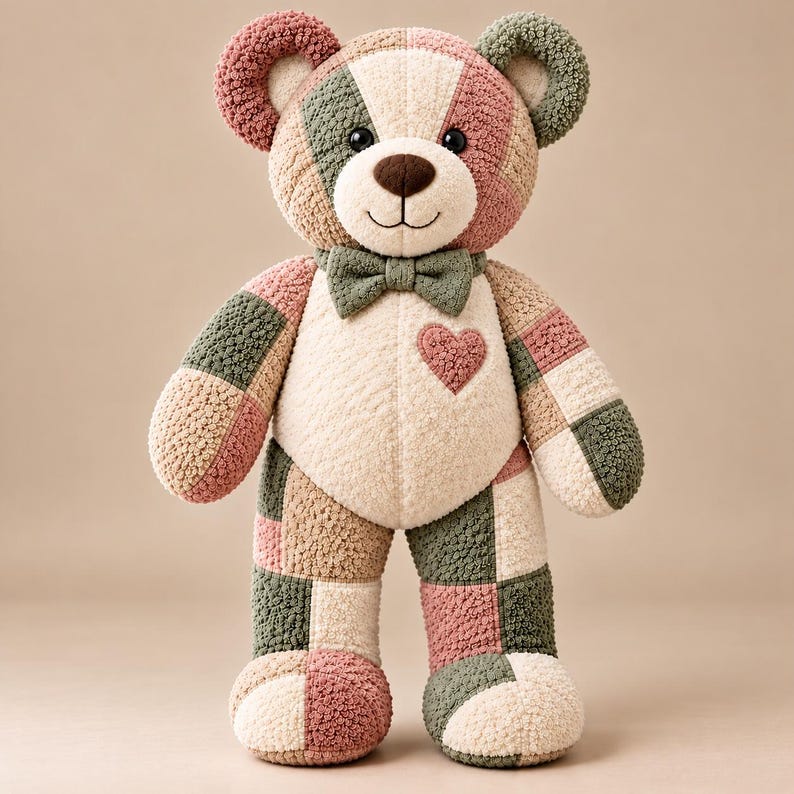 Pink and cream patchwork memory teddy bear made from repurposed terry towels, showing an alternative color combination possible with this Memory Bear Pattern PDF.
