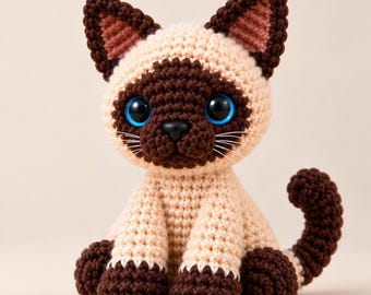 Padrão de crochê de gato siamês, tutorial em PDF de gatinho amigurumi, download digital, padrão de crochê de gato, gato amigurumi, padrão de crochê de gato