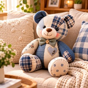 May include: A patchwork teddy bear constructed from various fabric patterns including blue plaid, cream floral, and denim-like textures. The bear features a green bow tie with a central button, a stitched heart on its chest, and dark plastic eyes.