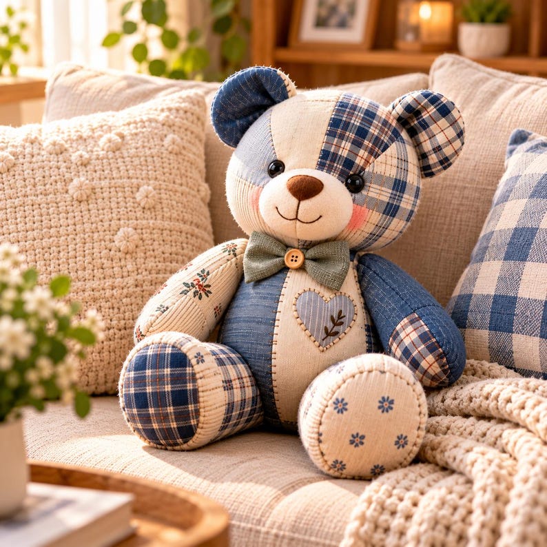 May include: A patchwork teddy bear constructed from various fabric patterns including blue plaid, cream floral, and denim-like textures. The bear features a green bow tie with a central button, a stitched heart on its chest, and dark plastic eyes.