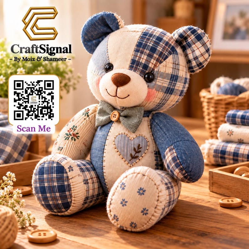 May include: A patchwork teddy bear constructed from various blue and white fabrics, including plaid and floral patterns. The bear features a small green bow tie with a wooden button, a heart-shaped patch on its chest, and dark plastic eyes.