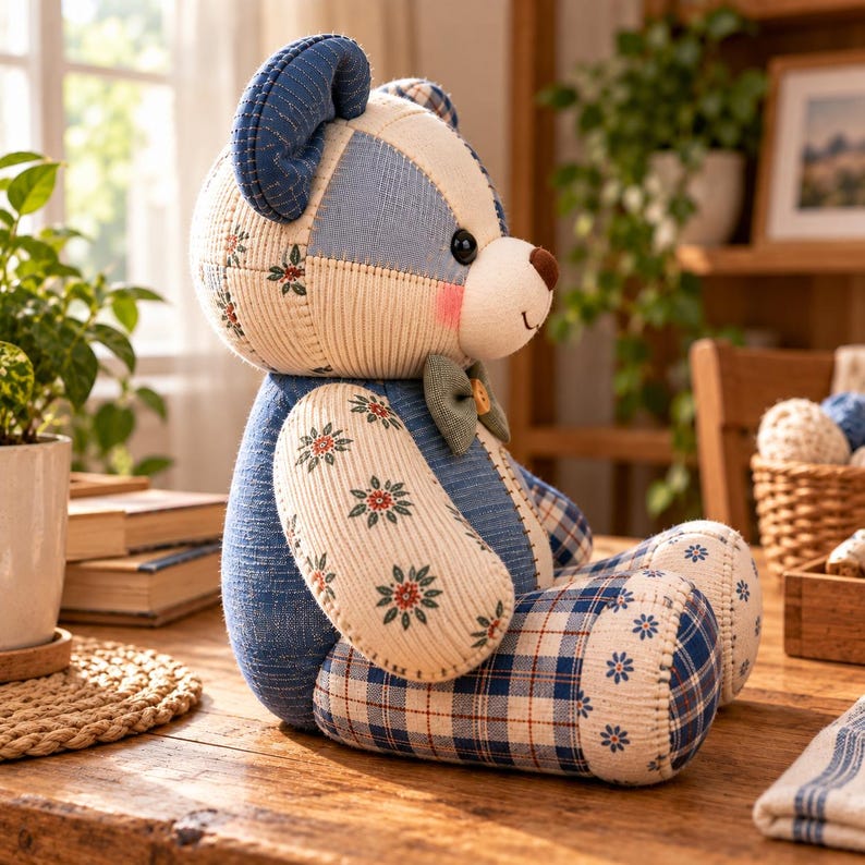 May include: A stuffed teddy bear constructed from various fabric patches in shades of blue, cream, and white. The bear features a floral print on the arms and ears, a blue plaid pattern on the legs, a small green bow tie, and a brown nose.