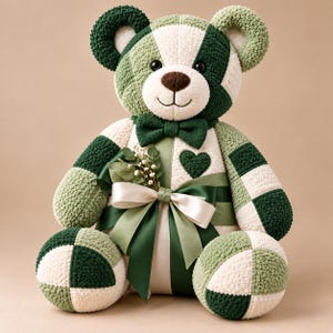 Finished green and cream patchwork teddy bear made from upcycled towels, demonstrating the keepsake bear design from this Memory Bear Pattern and sewing PDF.