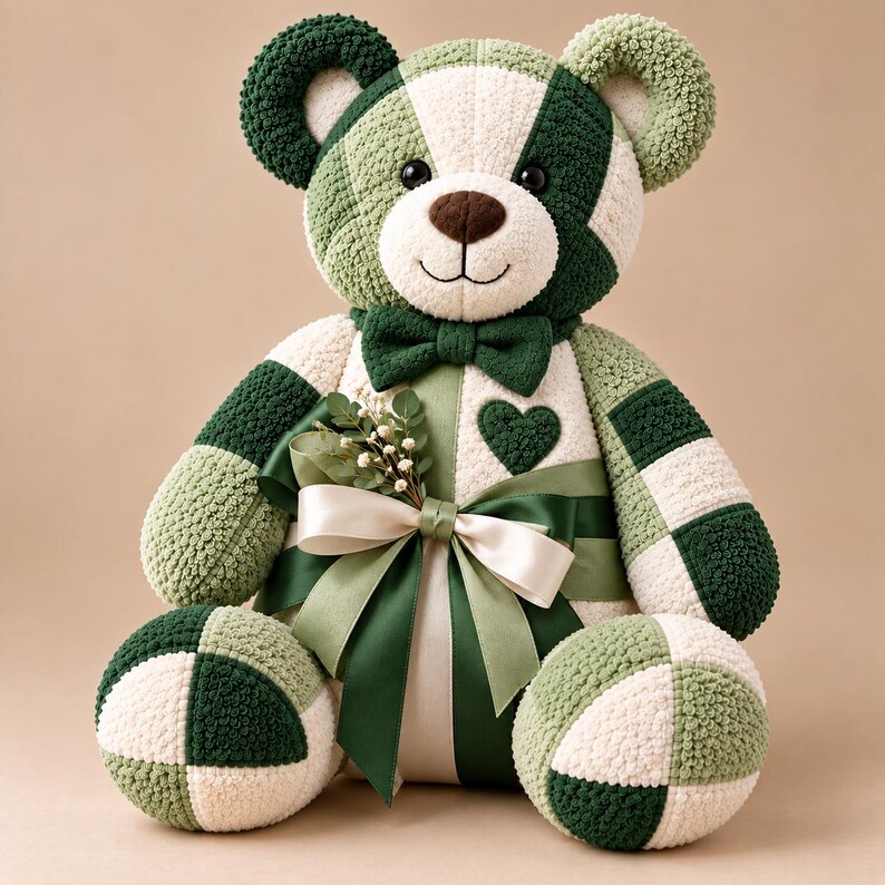 Finished green and cream patchwork teddy bear made from upcycled towels, demonstrating the keepsake bear design from this Memory Bear Pattern and sewing PDF.