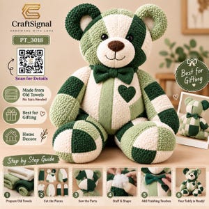 Memory Bear Pattern PDF featuring a 26-inch patchwork teddy bear made from old terry towels, with Craft Signal branding, printable sewing templates, pattern details, and multiple color examples.