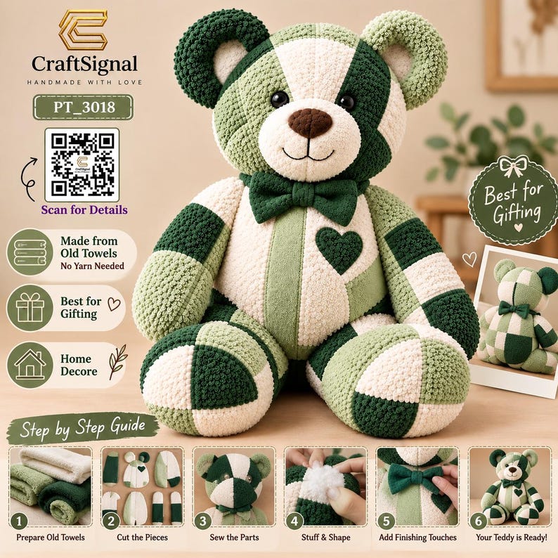 Memory Bear Pattern PDF featuring a 26-inch patchwork teddy bear made from old terry towels, with Craft Signal branding, printable sewing templates, pattern details, and multiple color examples.