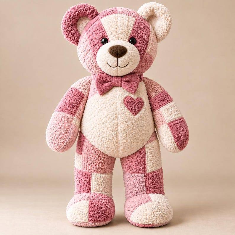 Memory bear pattern PDF example showing a finished pink and cream patchwork teddy bear with heart chest detail and bow tie