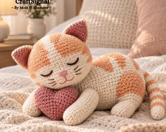 Sleeping Tabby Cat Crochet Pattern, Cat crochet pattern amigurumi, Cat with Heart, Plush Kitty, Digital Download, Instant Crochet Pattern