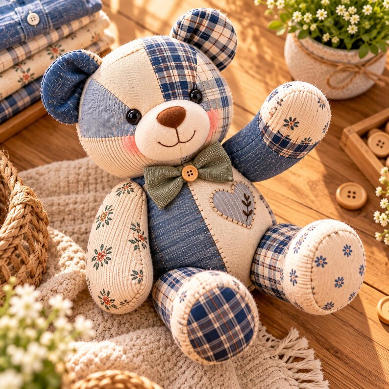 May include: A patchwork teddy bear constructed from various blue, white, and cream fabrics featuring plaid, floral, and solid patterns. The bear has black button eyes, a brown stitched nose, a green bow tie with a wooden button, and a heart patch.