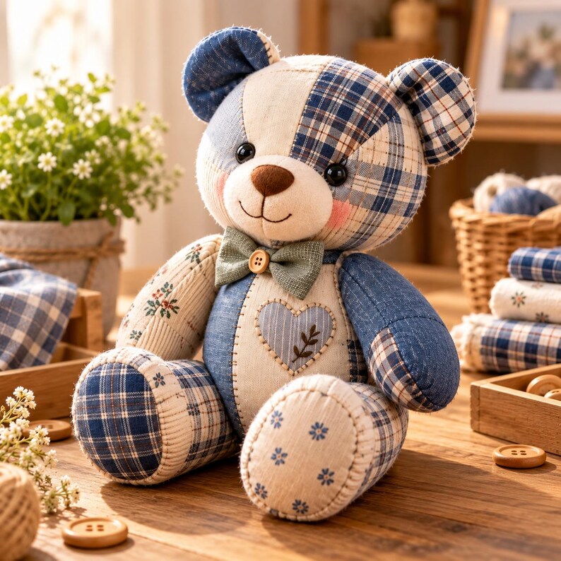 May include: A patchwork teddy bear crafted from various blue and cream fabrics featuring plaid, floral, and striped patterns. The bear has a brown nose, black eyes, a sage green bow tie with a wooden button, and a heart patch on its chest.