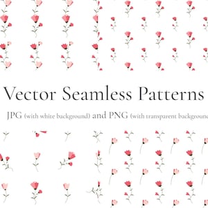 以下が含まれることがあります： EPSおよびSVG形式の8つのピンクのチューリップのベクターシームレスパターンコレクション。画像には、白い背景に小さなピンクのチューリップが配置されており、8 Pink Tulip Vector Seamless Patterns EPS / SVG, High resolution 300 dpi, JPG and PNG, 6000x6000 pxというテキストが表示されています。