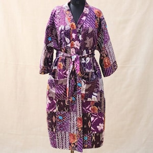 Handcrafted Kantha Quilted Kimono Jacket, Long Cotton Boho Robe, Vintage Patchwork Kantha Coat, Women Winter Warm Loungewear Bathrobe