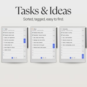 May include: Three digital tablets displaying task management interfaces titled Tasks, Ideas, and Someday. Each screen features a list of items with checkboxes, a side navigation bar with blue highlighted tabs, and a stylus attached to the right side.