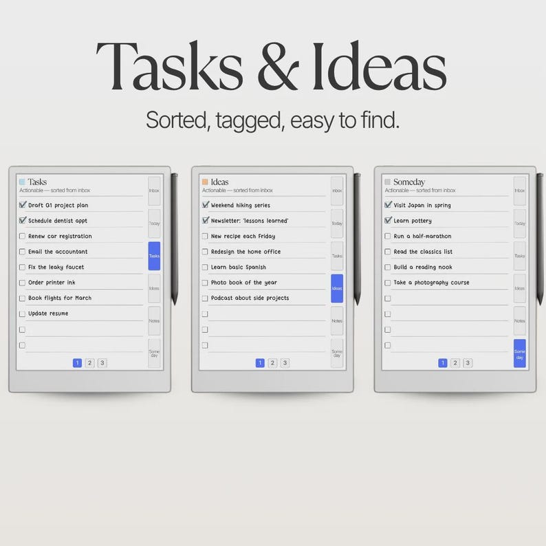 May include: Three digital tablets displaying task management interfaces titled Tasks, Ideas, and Someday. Each screen features a list of items with checkboxes, a side navigation bar with blue highlighted tabs, and a stylus attached to the right side.