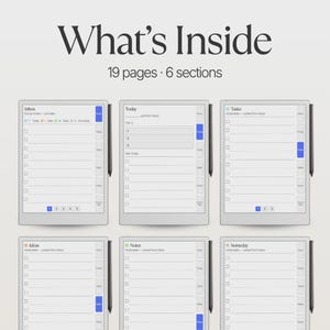 May include: A digital planner display showing What's Inside with 19 pages and 6 sections. Six screen views are presented, each featuring a sidebar with tabs for Inbox, Today, Tasks, Ideas, Notes, and Someday, accompanied by a stylus on the right side.