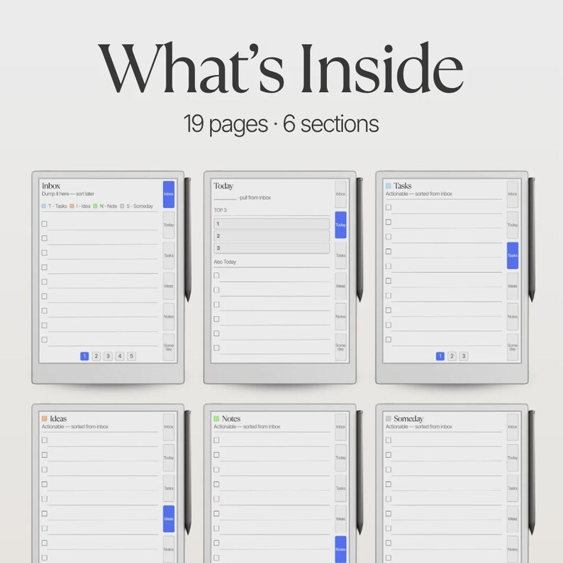 May include: A digital planner display showing What's Inside with 19 pages and 6 sections. Six screen views are presented, each featuring a sidebar with tabs for Inbox, Today, Tasks, Ideas, Notes, and Someday, accompanied by a stylus on the right side.