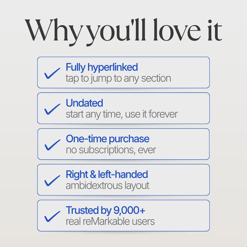 May include: A digital feature list titled Why you'll love it, containing five blue-bordered boxes with blue checkmarks. Text includes: Fully hyperlinked, Undated, One-time purchase, Right & left-handed, and Trusted by 9,000+ real reMarkable users.