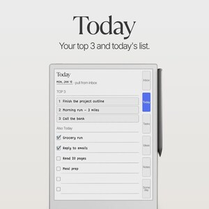 May include: A digital tablet displaying a daily planner interface with the text Today, Your top 3 and today's list. The screen shows a task list including Finish the project outline, Morning run, Call the bank, Grocery run, and Reply to emails.