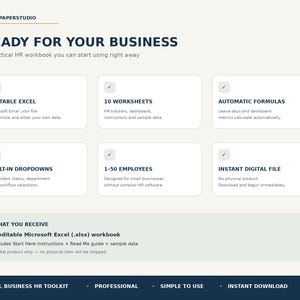 May include: A digital HR workbook infographic titled READY FOR YOUR BUSINESS by MOKUPAPERSTUDIO. It features six white boxes detailing features like editable Excel, 10 worksheets, automatic formulas, built-in dropdowns, and 1-50 employee capacity.