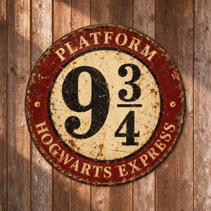 May include: A circular metal sign with a distressed, weathered finish. The center features the black text 9 3/4 on a cream background. A deep red border surrounds the center with the text PLATFORM and HOGWARTS EXPRESS in white.