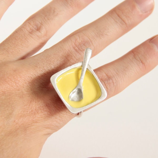 Adjustable silver ring, CUSTARD ring, Enameled jewelry, Original jewelry, Silver spoon