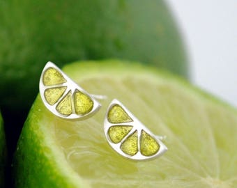 Small lime earrings, Tiny silver earrings, green enamel jewelry, Flashy earrings, green earrings, Fruit jewels