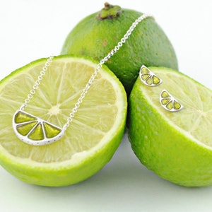 Sterling silver LIME pendant, sterling silver chain, silver choker, citrus, fruit jewelry, green enamel jewelry