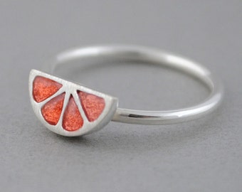 Tiny grapefruit ring, sterling silver orange ring, minimal ring, Enamel jewelry, Small ring, midi ring, Fruit jewelry