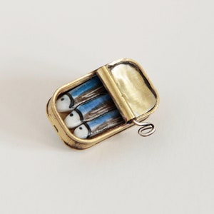 Vintage brooch, SARDINES tin can, porcelain sardines, enameled ceramic brooch, brass brooc image 1