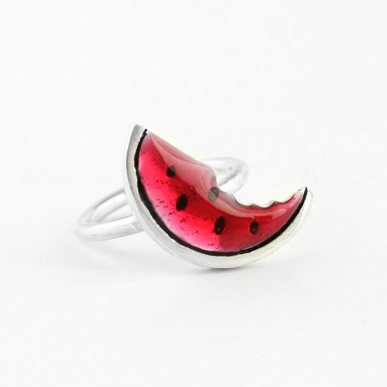 Watermelon ring, sterling silver ring, pink ring, flashy ring, watermelon jewelry, fruit ring, food jewelry image 1