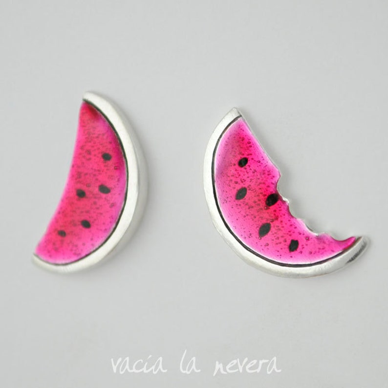 Sterling silver watermelon earrings, Pink enamel jewelry, flashy earrings, Pink earrings, Fruit jewels image 4