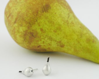 Silver fruit earrings, Pear silver earring, Sterling silver earrings, Tiny earrings, push back stud earrings, matt silver, food jewelry