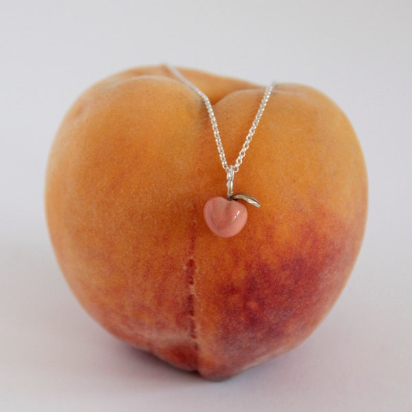 PEACH chocker, sterling silver and brass enamel pendant, Silver peach jewelry, Silver chain