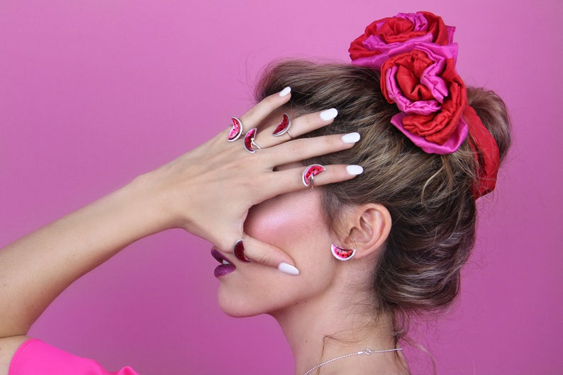 Sterling silver watermelon earrings, Pink enamel jewelry, flashy earrings, Pink earrings, Fruit jewels image 1