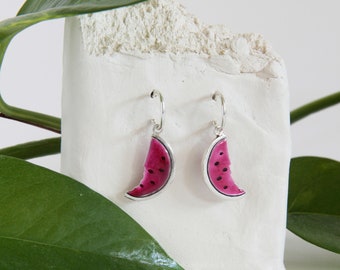 WATERMELON sterling silver hoops, enamel jewels, Fruit earrigns