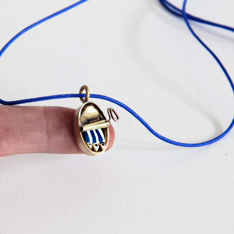 SARDINE CAN shaped pendant, Mini fish-shaped charm image 2
