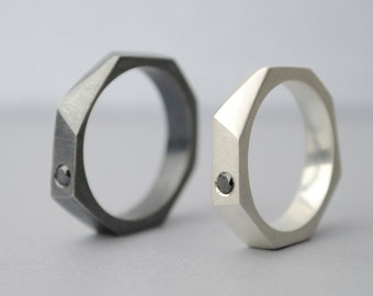 Geometric wedding bands, black diamond, engagement rings and diamonds, oxidized silver.