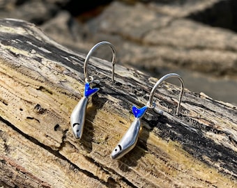 Blue Fish earring, Silver Hoop Earrings, Sardine earrings, sterling silver earrings, Small Hoops earrings