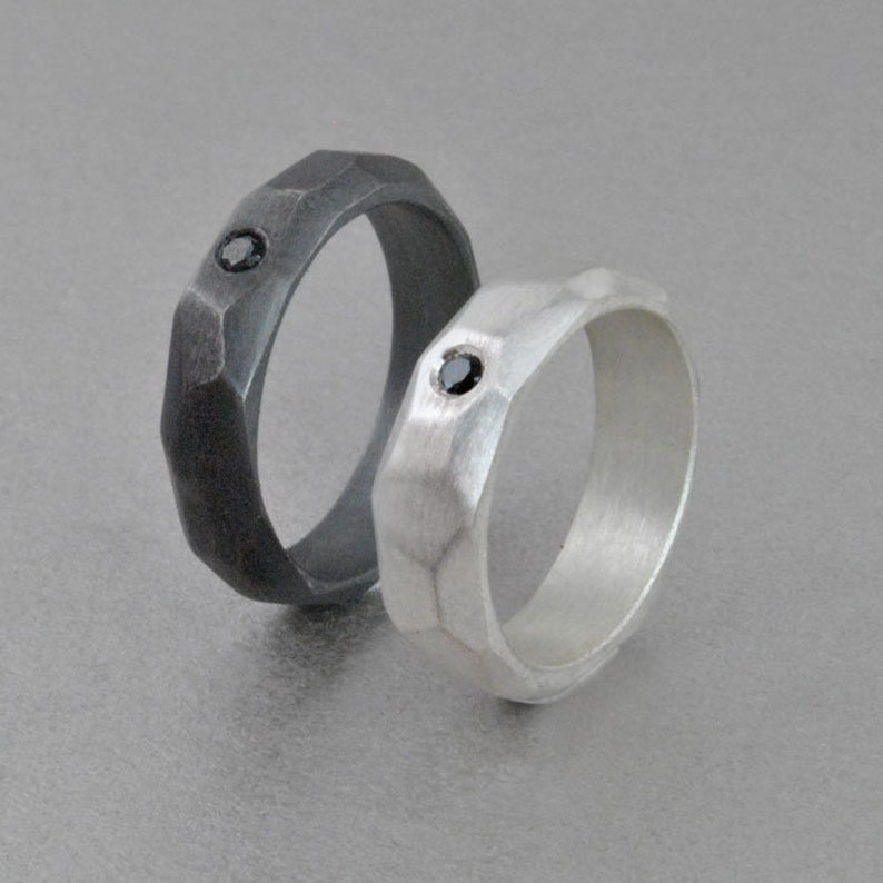Geometric wedding rings, black diamond, Diamond Engagement Rings, oxidized engagement ring, mens rings image 2