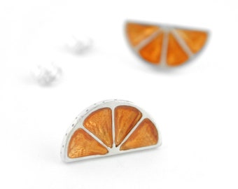 Orange earrings, sterling silver earrings, orange enamel jewelry, Flashy earrings, Fruit jewels, Press back earrings