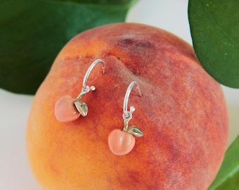 Sterling Silver Hoop Earrings, PEACH earrings, sterling silver and brass enamel earrings, Small Hoops earrings