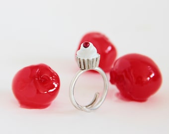 Cupcake ring, adjuntable ring, silver ring, original jewelry, Food Jewels, Cherry ring, enamel jewelry