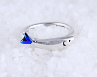 Silver ring FISH, Blue enameled silver ring