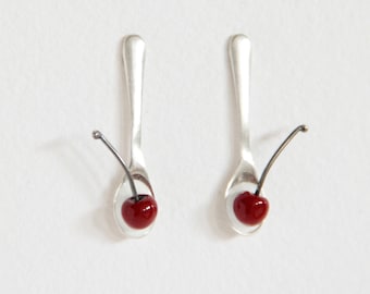 Teaspoons earrings, Cherries earrings, red enamel jewelry, Flashy earrings, Food jewels, Silver teaspoons