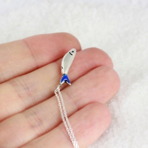 Sardine choker necklace, silver chocker necklace, silver sardine, Blue pendant, Fish necklace, Silver chain image 5