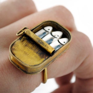 SARDINES tin can Ring , Large original Ring, Adjustable ring for women, Porcelain jewelry, Golden brass ring, Vintage Ring