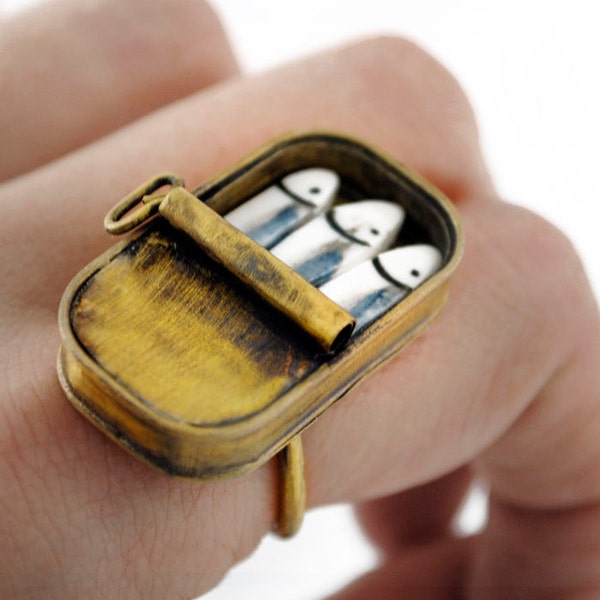 Brass Sardine Can Ring, Enamel Fish, Adjustable Band, Ceramic fish