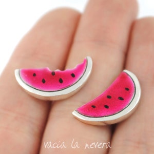 Sterling silver watermelon earrings, Pink enamel jewelry, flashy earrings, Pink earrings, Fruit jewels image 3